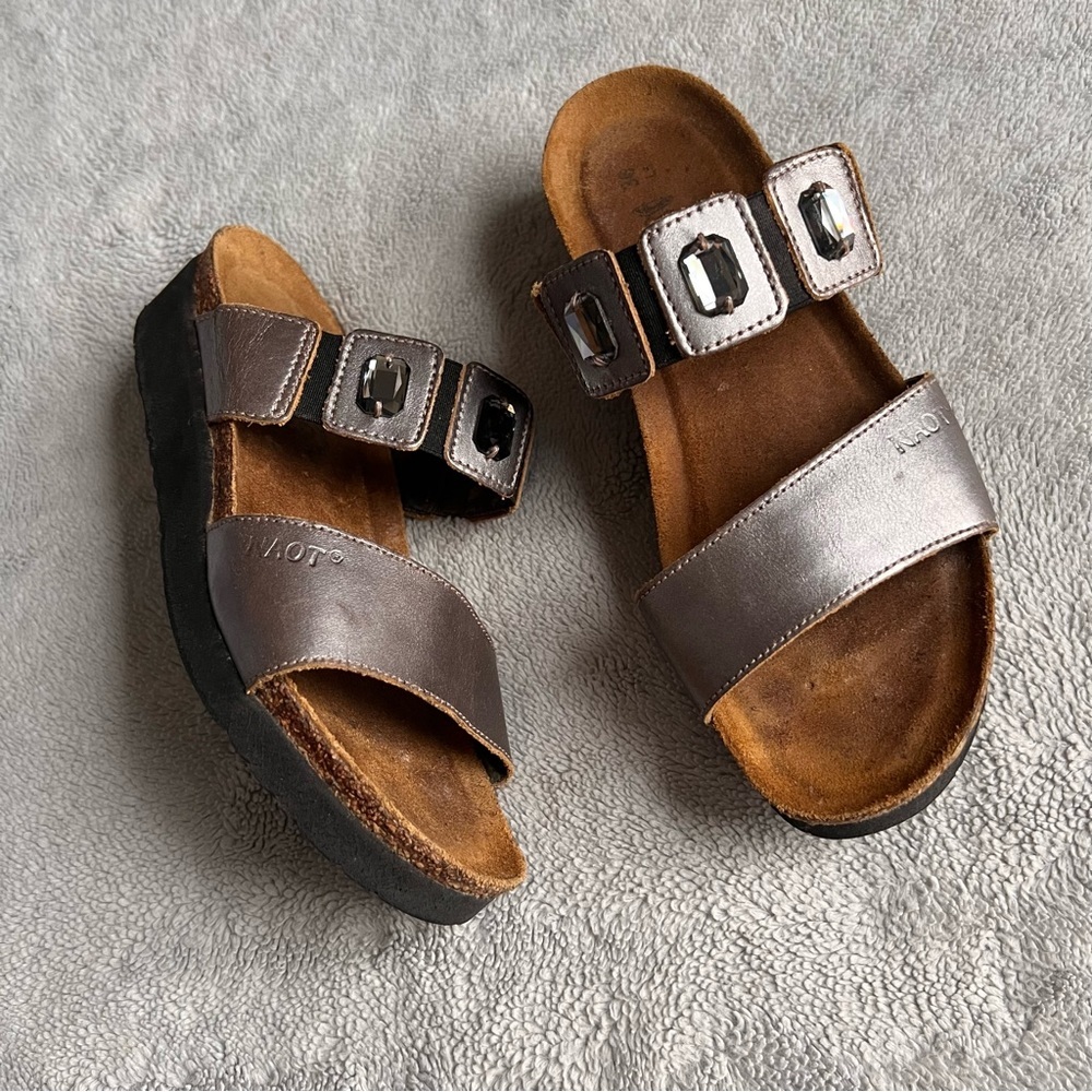 Naot  Michele Rhinestone Jewel Bejeweled Strappy Cork Comfort Sandal Silver Gray